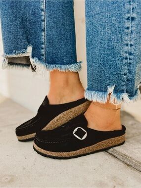 Birkenstock Buckley Black Suede Leather Cork Mule Buckle sz 36EU 5-6US